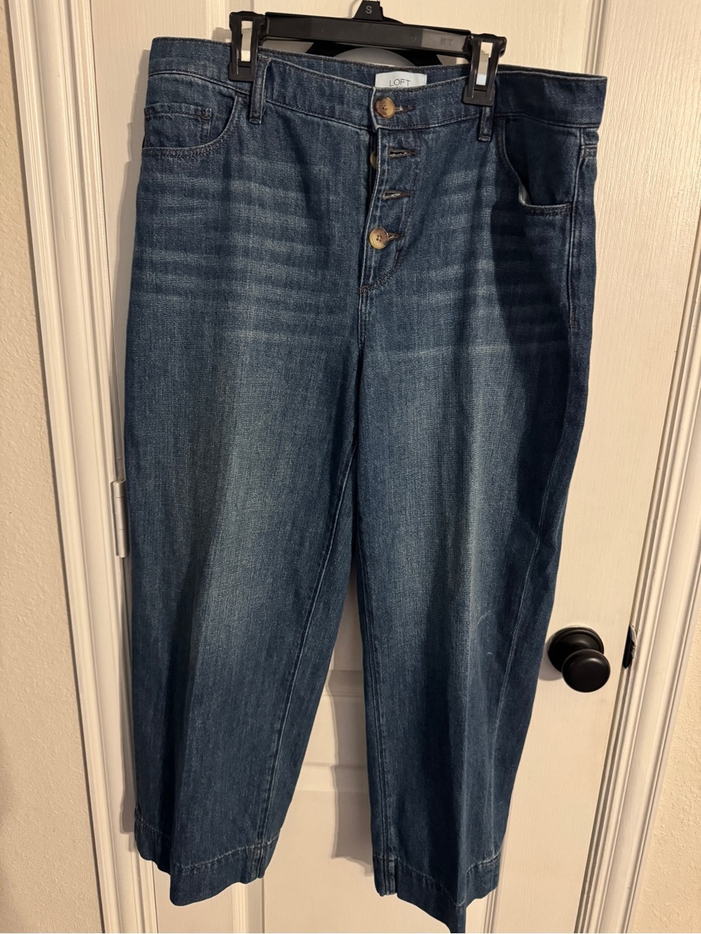 LOFT High-Rise Wide-Leg Button-Front Jeans - Dark Blue